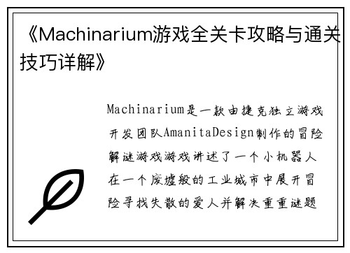 《Machinarium游戏全关卡攻略与通关技巧详解》
