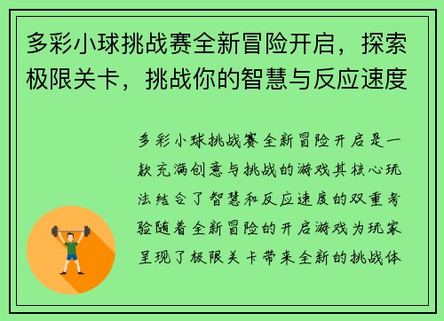 多彩小球挑战赛全新冒险开启，探索极限关卡，挑战你的智慧与反应速度